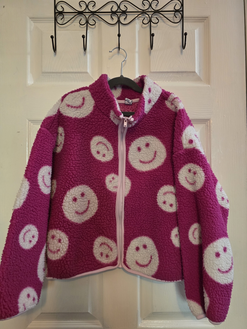 Girl's Old Navy Bright Pink Sherpa Jacket with White Smiley Faces